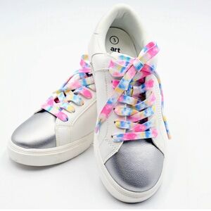 Kids White and Silver Sneakers with Multicolor Laces